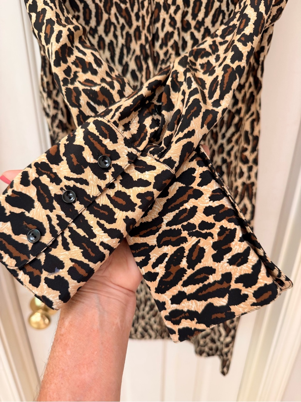 Nine West Silk Leopard Print Long Sleeve Dress, Black,Brown,Tan, Qtr Button Sz 4 - Picture 6 of 14
